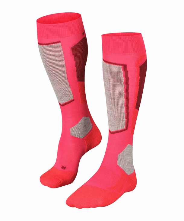 Zwei rose-farbene Falke SK2 Damen Skiing Kniestrümpfe, mit Polsterzonen in grau und rot.