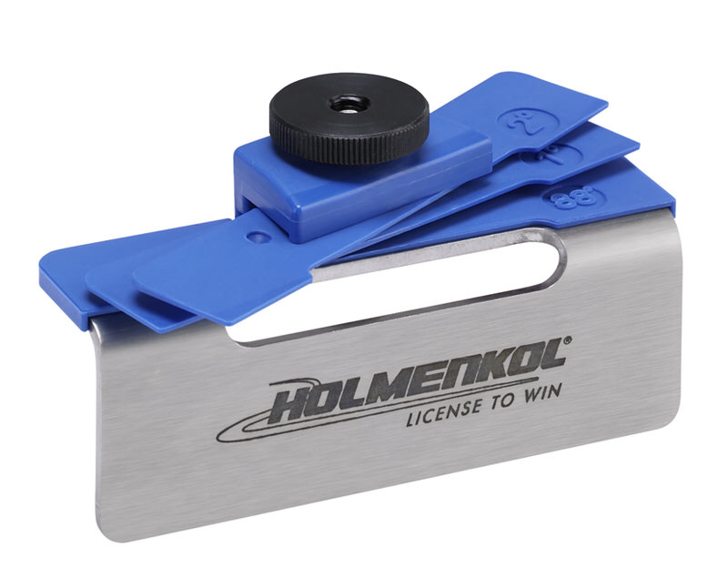 Holmenkol Appareil pour travailler les carres Holmenkol Steel Edge Worldcup : Outil d'affûtage des carres avec réglages d'angle bleus et boîtier argenté.