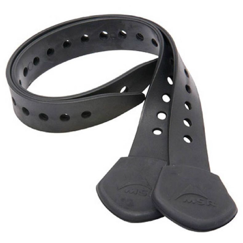 Schwarzes, gelochtes MSR Schneeschuh-Ersatzband-Set aus Gummi mit zwei Befestigungen.