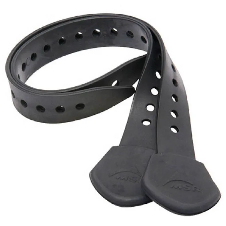 Black, perforated MSR snowshoe replacement strap set made of rubber with two fasteners.
