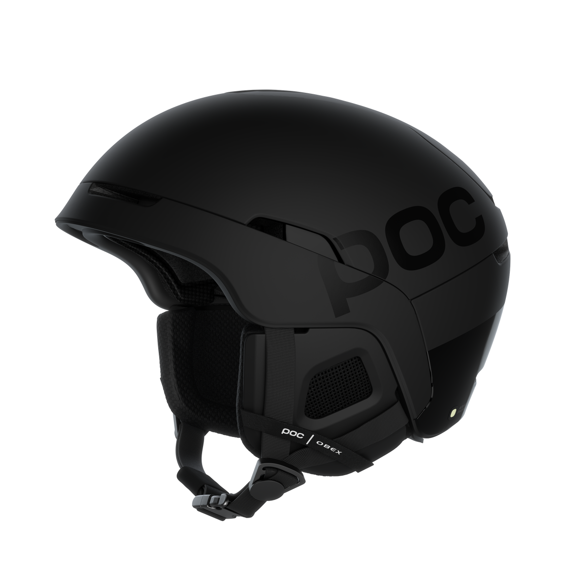 Black POC ski helmet Black ski helmet `Poc Obex BC Mips` with ventilation and ear protectors, POC lettering on the side, chin strap visible.