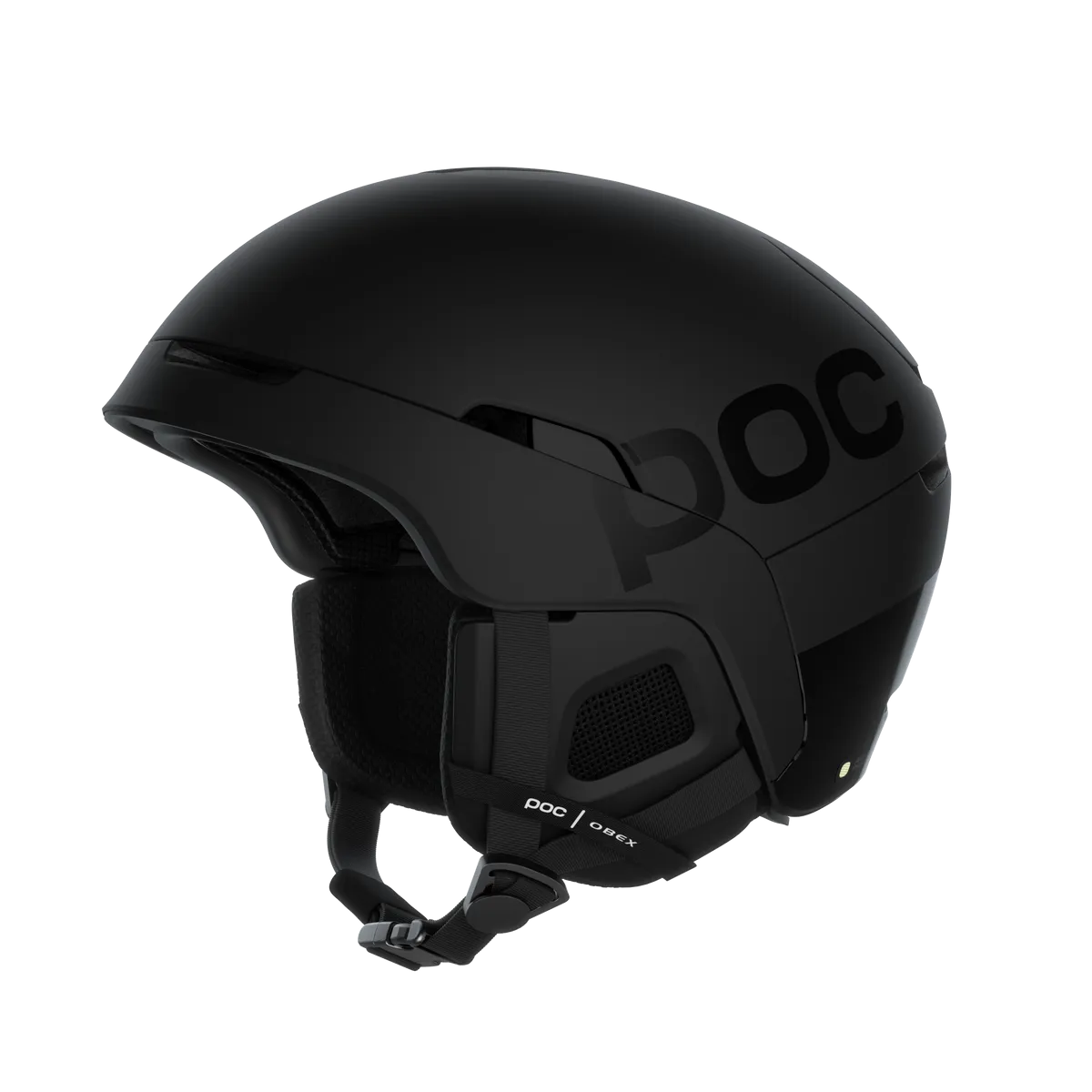 Black ski helmet `Poc Obex BC Mips` with ventilation and ear protectors, POC lettering on the side, chin strap visible.