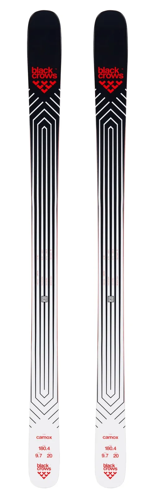 Zwei Black Crows Camox Ski mit schwarz-weissem Grafikdesign, Logo und Modellbezeichnung.