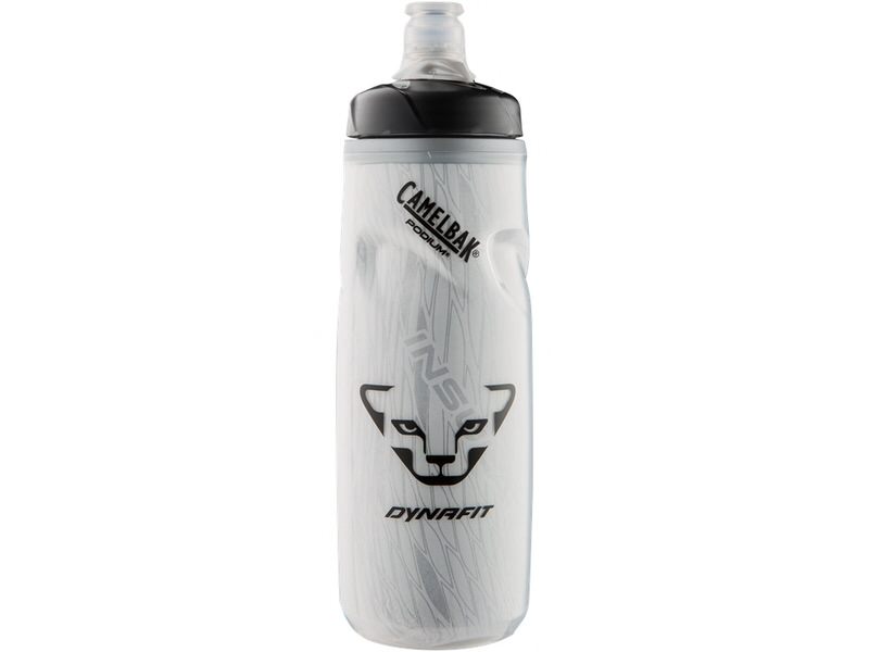Weiße Dynafit Thermo Flasche mit schwarzem Deckel und Dynafit Logo.