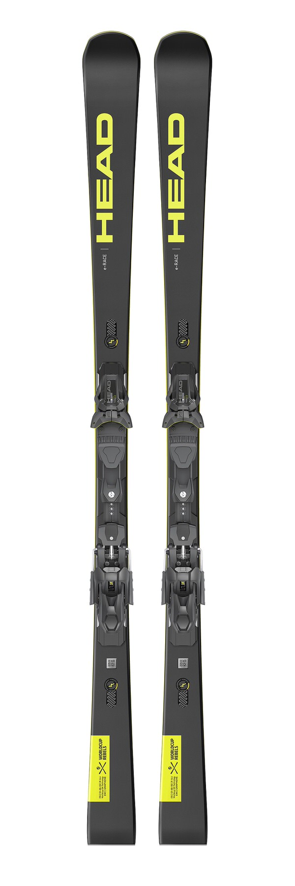 Head WC Rebels e-Race Ski noir avec écriture jaune et fixation montée en plan large.