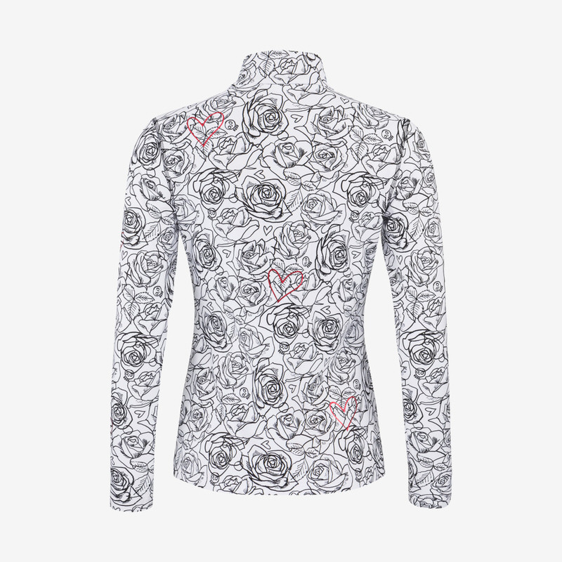 Weißes Damen Midlayer mit Rosenmuster und roten Herz-Akzenten, von hinten gesehen.