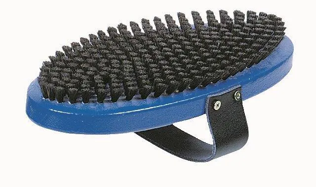 Ovale Rosshaarbürste mit blauem Griff und schwarzen Borsten. Lederband zur Handbefestigung.