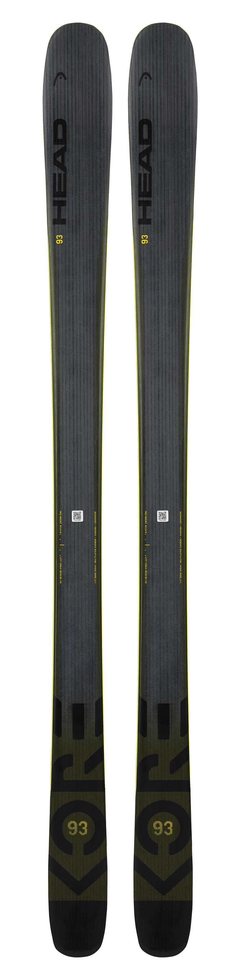 Zwei Ski, Head Kore 93, anthrazit und gelb, stehend, mit grauer Textur und gelben Kanten.