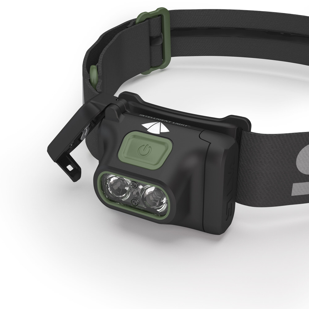 Close-up of the Silva Scout 3X headlamp with wide, adjustable headband and large on/off switch.