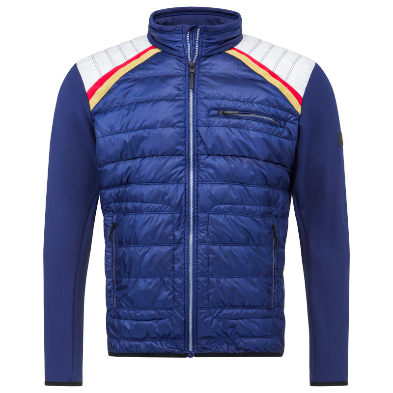 Blaue Head PORSCHE Ski Midlayer Herren Jacke mit durchgehendem Reißverschluss und farbigen Akzenten an den Schultern.