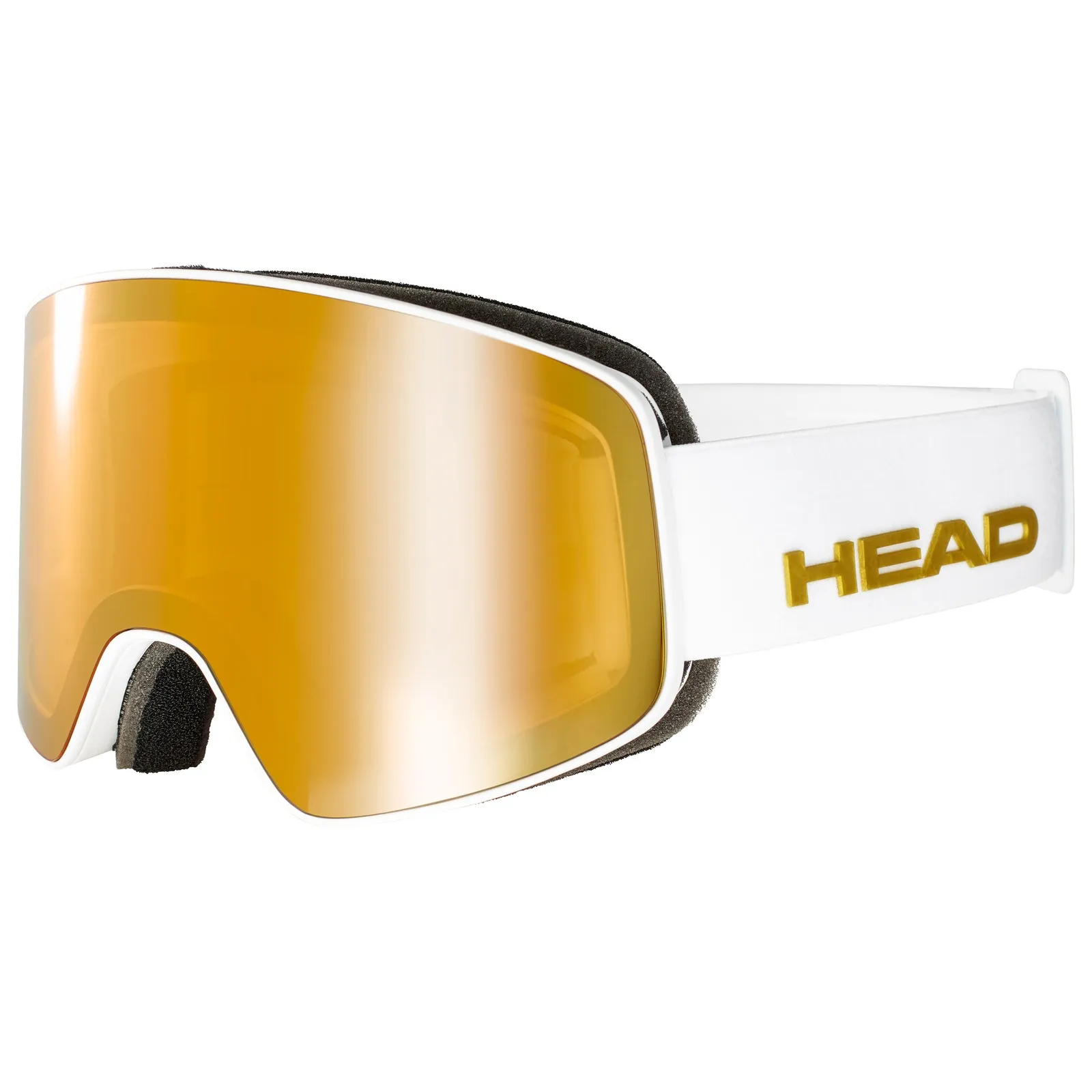 White Head Horizon premium ski goggles with gold lens and black foam padding.