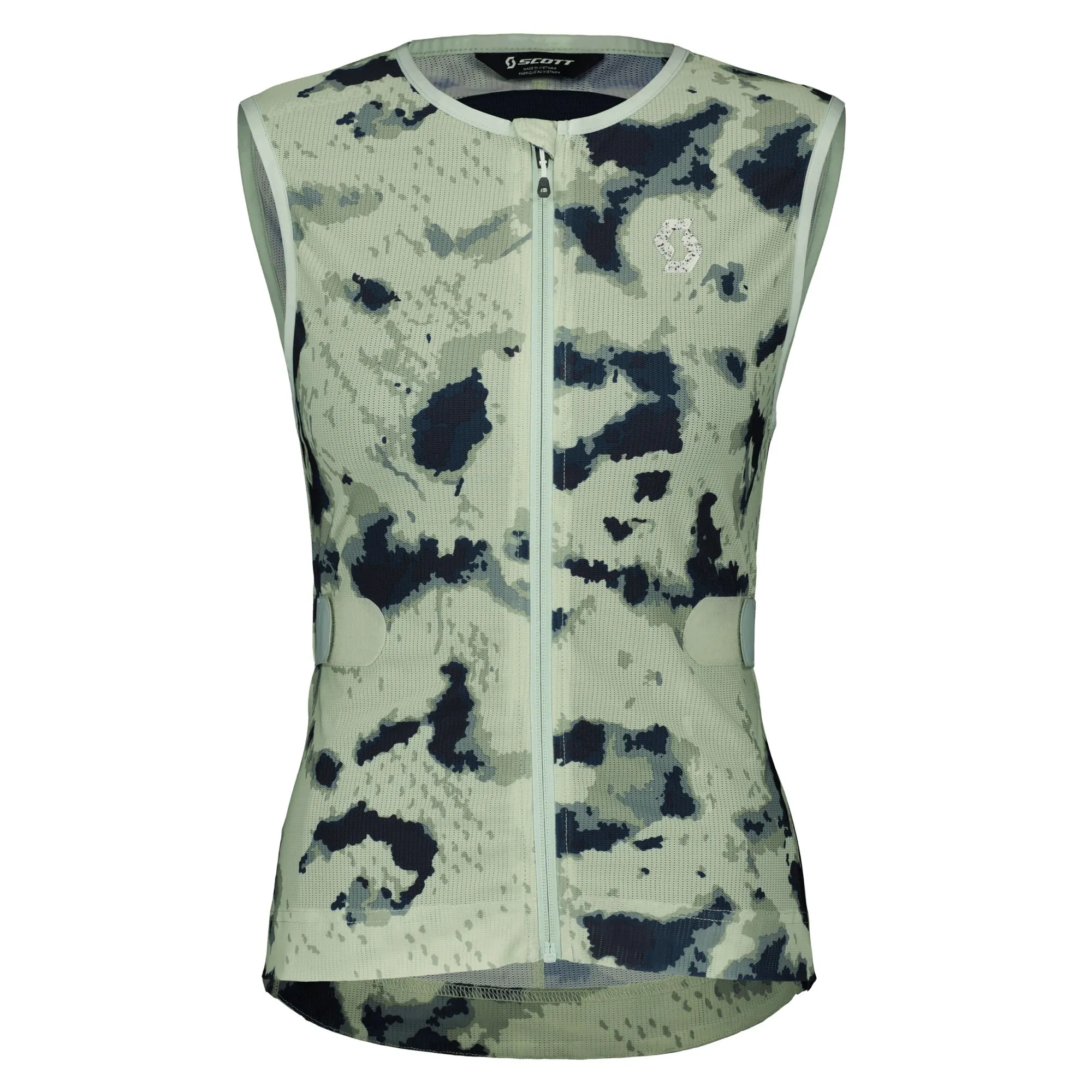Sleeveless, green Scott Airflow women's vest with camouflage pattern and full-length zipper.