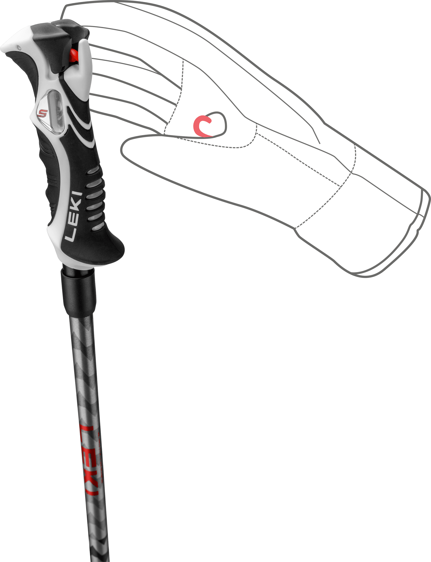 Skistock Leki Hot Shot S mit Trigger S Griff und Hand-Skizze zur Demonstration.