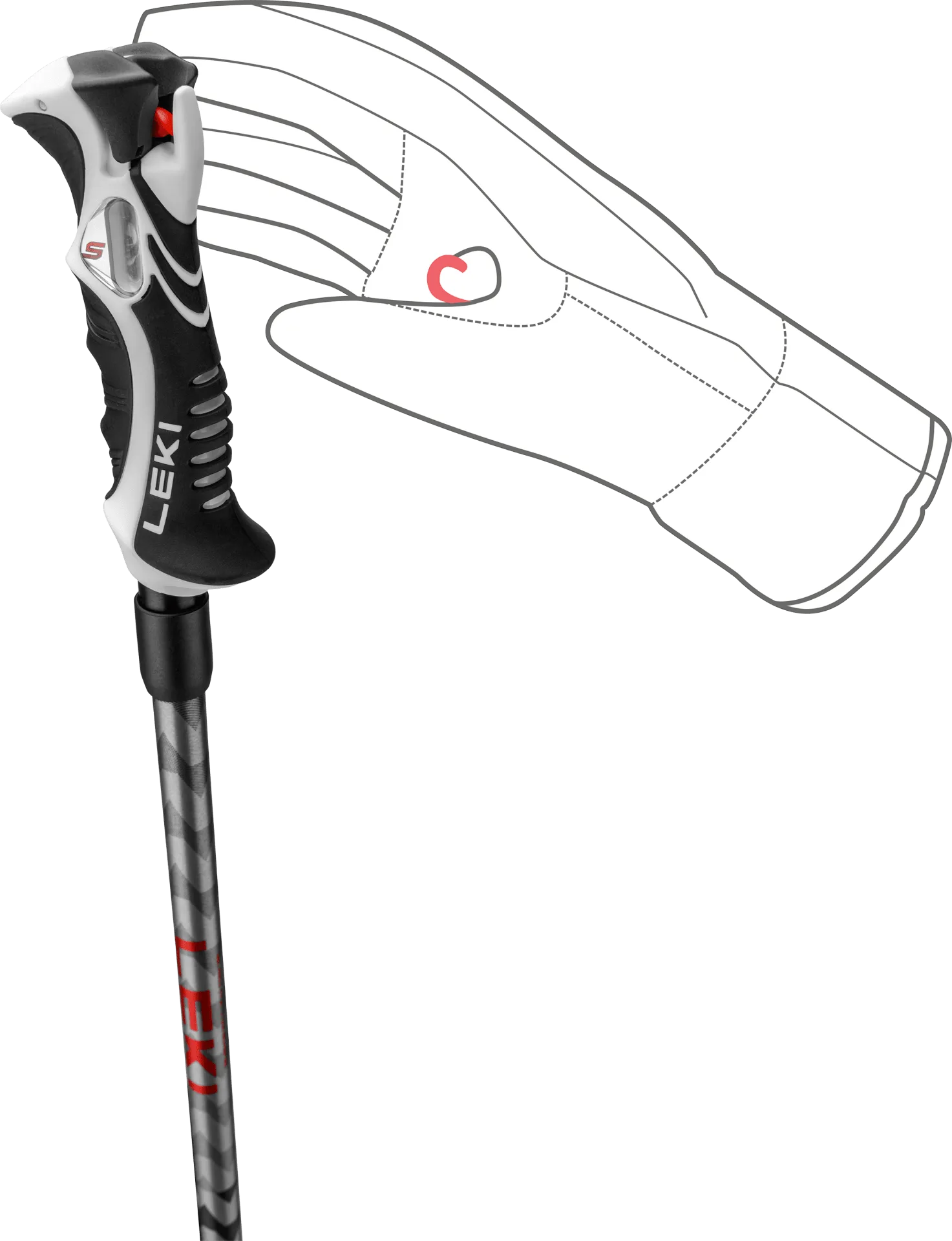 Bâton de ski Leki Hot Shot S avec poignée Trigger S et croquis de la main pour la démonstration.