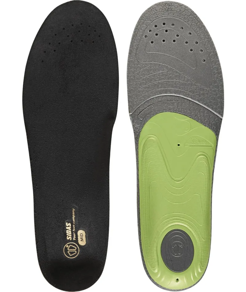Two Sidas 3Feet Slim MID insoles, one black top and one gray bottom with green metatarsal support.