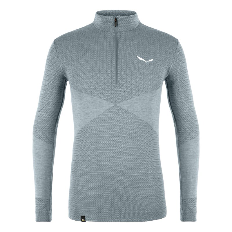 Graues Salewa Zebru Med Warm AMR Men 1/2 Tee mit Reißverschluss und Markenlogo.
