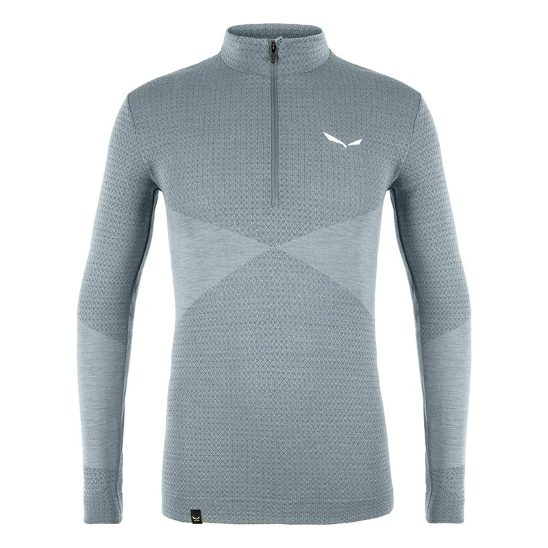 Tee gris Salewa Zebru Med Warm AMR Men 1/2 Tee avec fermeture éclair et logo de la marque.