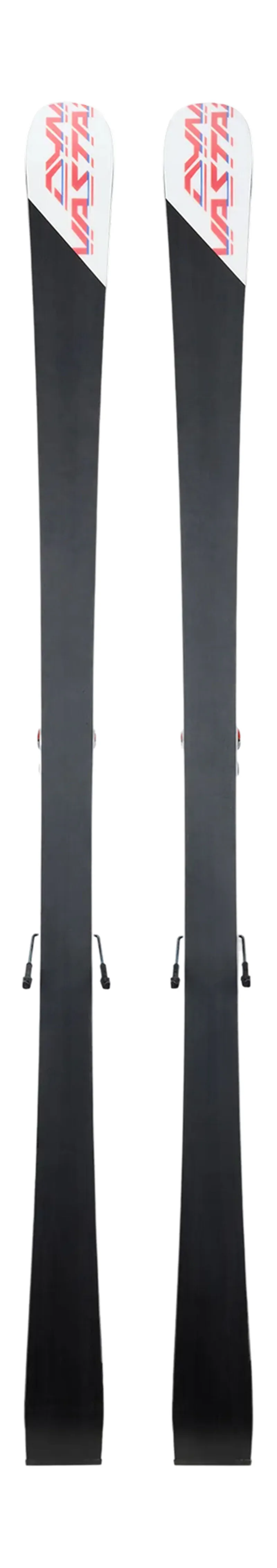Two skis, standing next to each other, visible from top to almost bottom. They have white tips with a red and blue pattern and are otherwise black.
