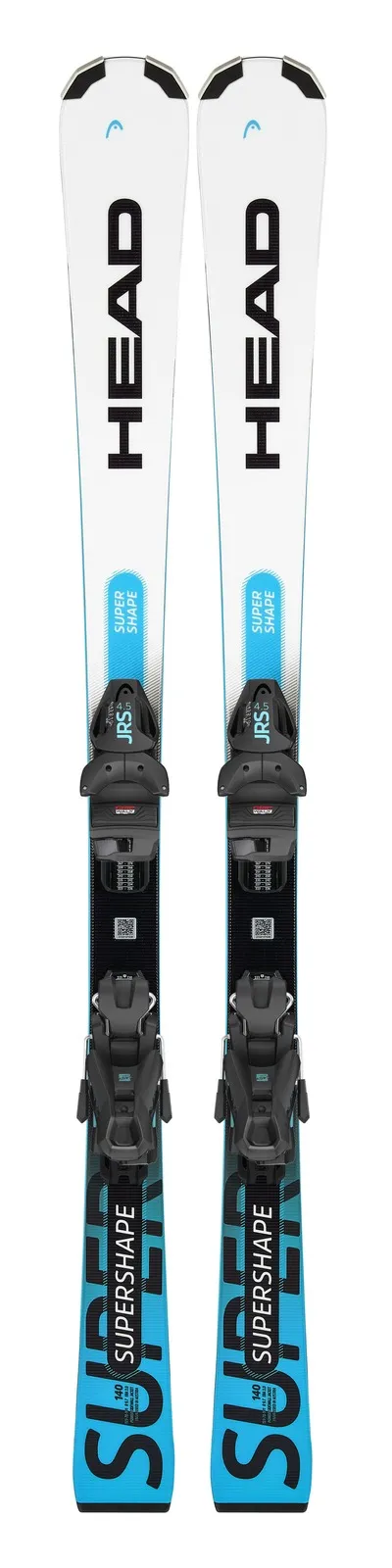Ski Head Supershape JRS, white skis with black "Head" lettering, blue inscription "Super Shape", gray bindings.