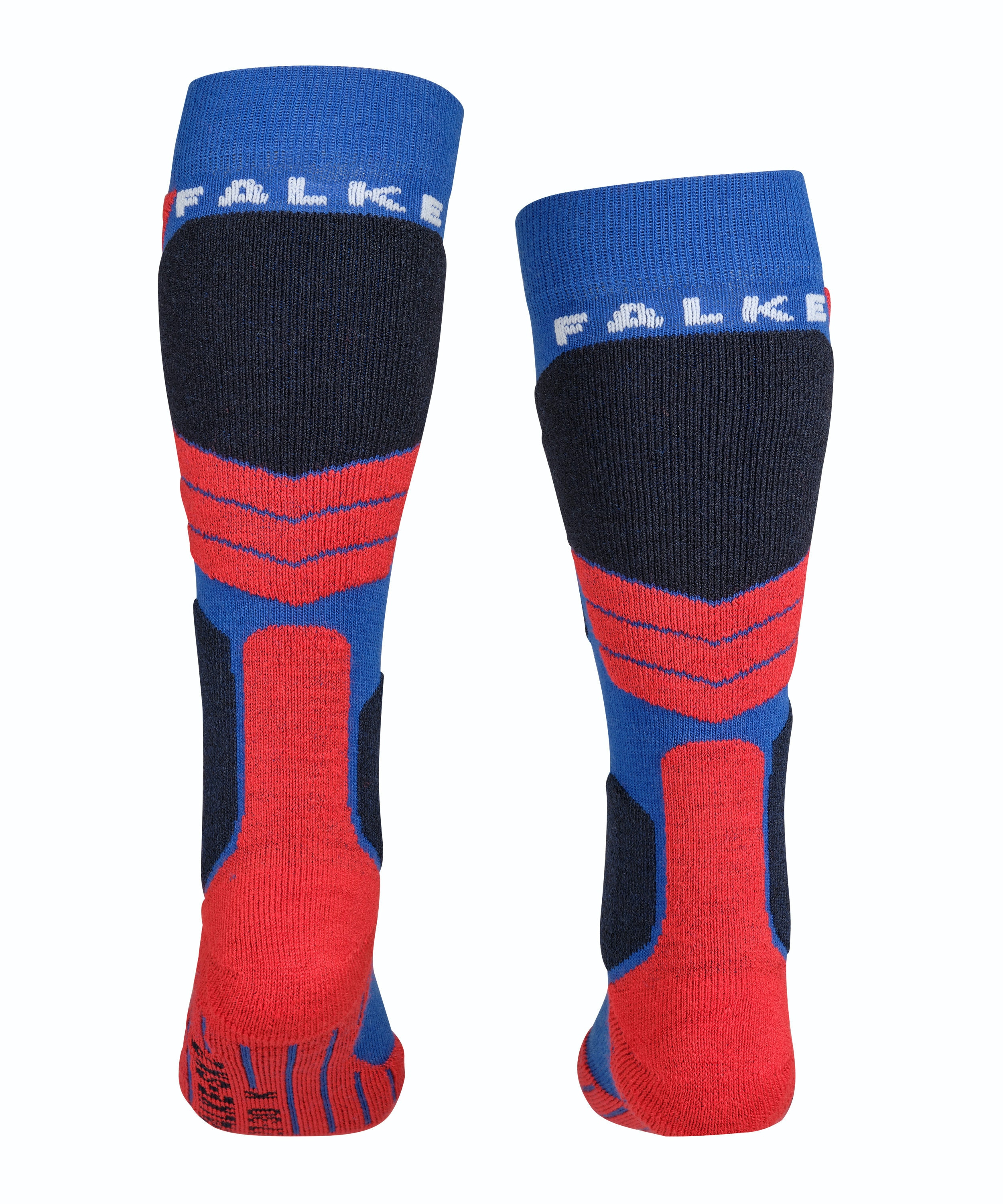Two blue children's ski socks from Falke, back view. Red accentuated heel and shin padding, dark blue midfoot section, blue cuff with Falke logo.