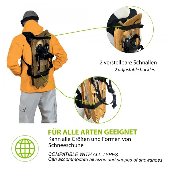 Person mit RaqBack-Rucksack, Schneeschuhe befestigt. Details: Schnallen, Kompatibilität mit allen Arten von Schneeschuhen.