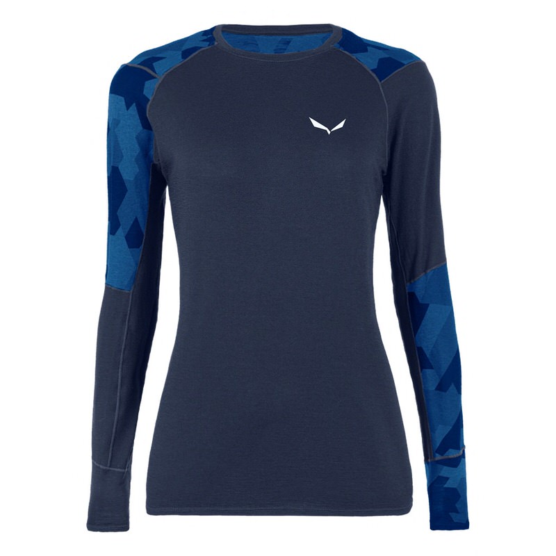 Dunkelblaues Salewa Cristallo Warm AMR Damen Langarmshirt mit blau gemusterten Ärmeln und weißem Logo.
