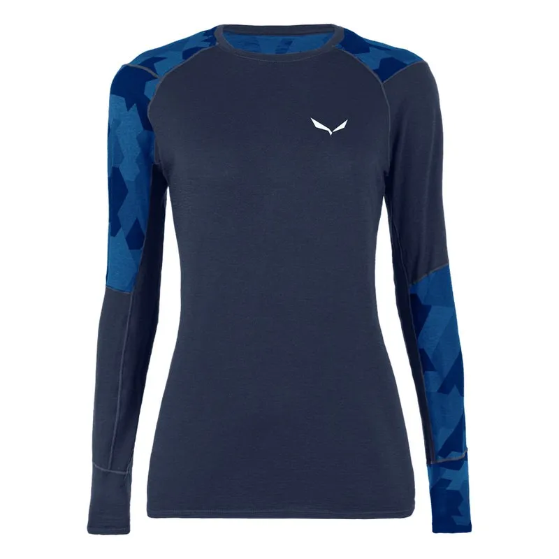 T-shirt à manches longues bleu foncé pour femmes Salewa Cristallo Warm AMR avec manches à motifs bleus et logo blanc.