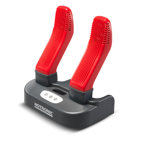 Un sèche-chaussures ou sèche-bottes composé d'une base grise avec deux embouts rouges striés orientés vers le haut.