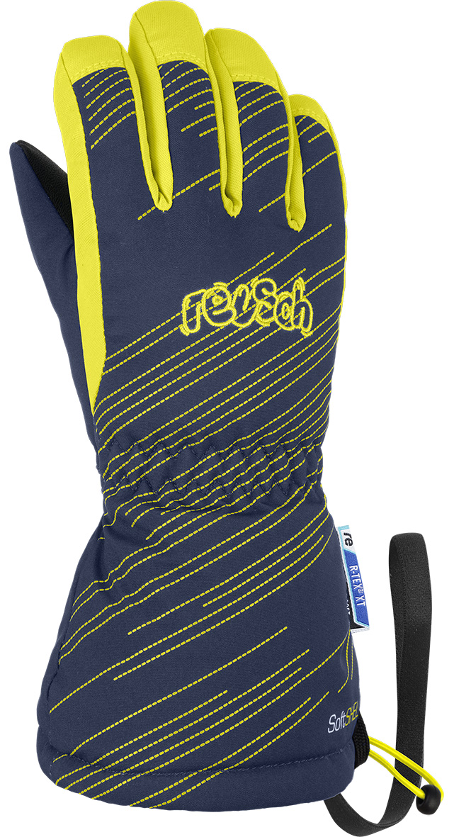 Marineblauer, gelb akzentuierter, wasserdichter Maxi R-Tex XT Baby-Handschuh mit Bündchen, Gummizug und Schlaufe.