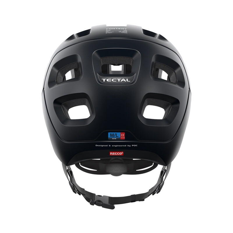 Schwarzer POC Tectal Fahrradhelm von hinten mit Belüftungslöchern und RECCO-Reflektor.