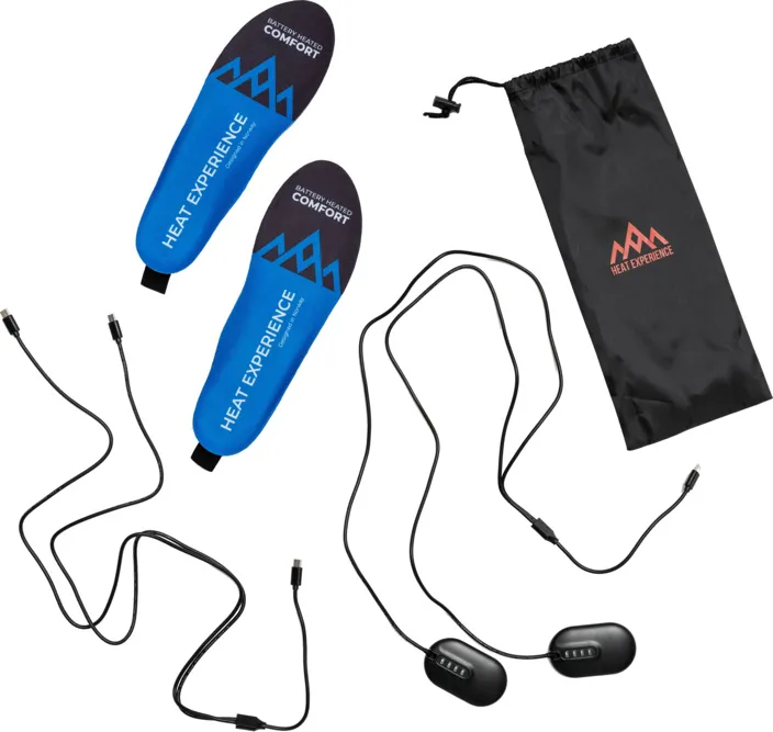 Two heatable insoles, charging cable and a bag for wireless charging. App control of the temperature.