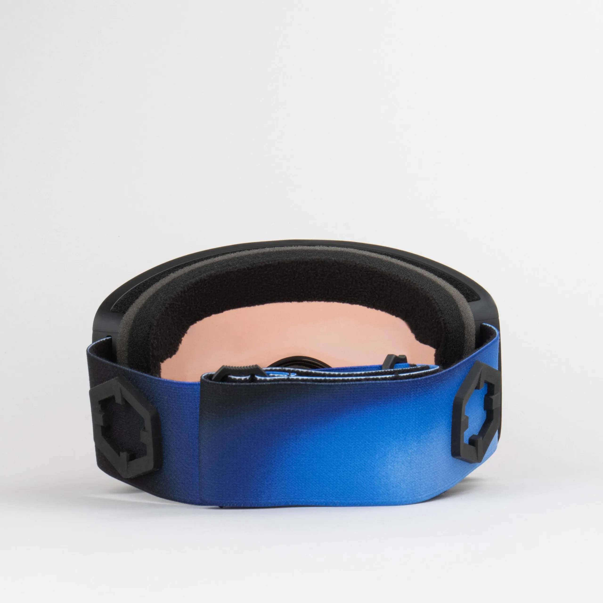 Close-up of the Outof Electra 2 ski goggles; blue strap and black frame with Irid Blue lens.