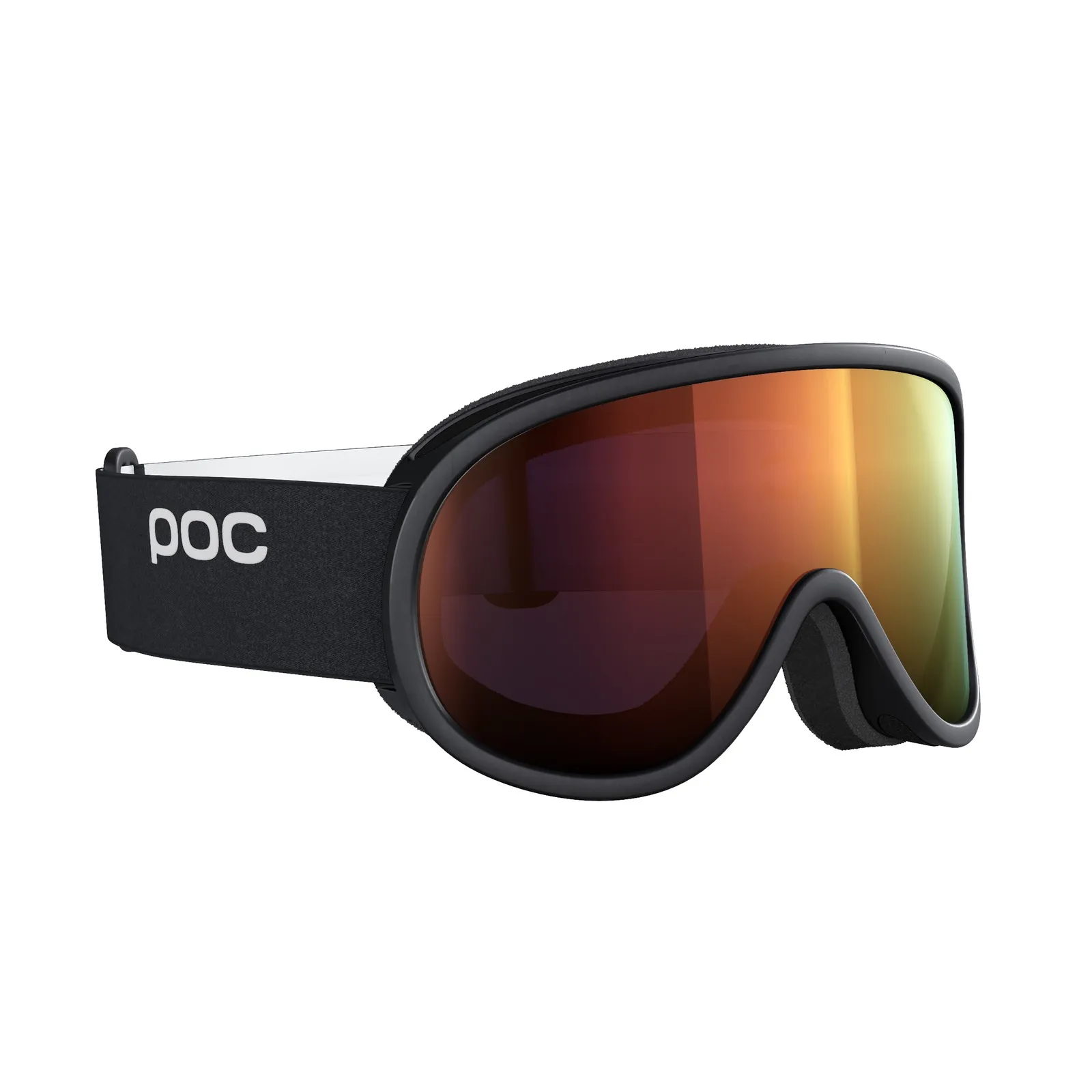Schwarze Ski-Brille POC Retina Clarity mit orangefarbener Linse von der Seite, weißer Riemen mit POC-Logo.