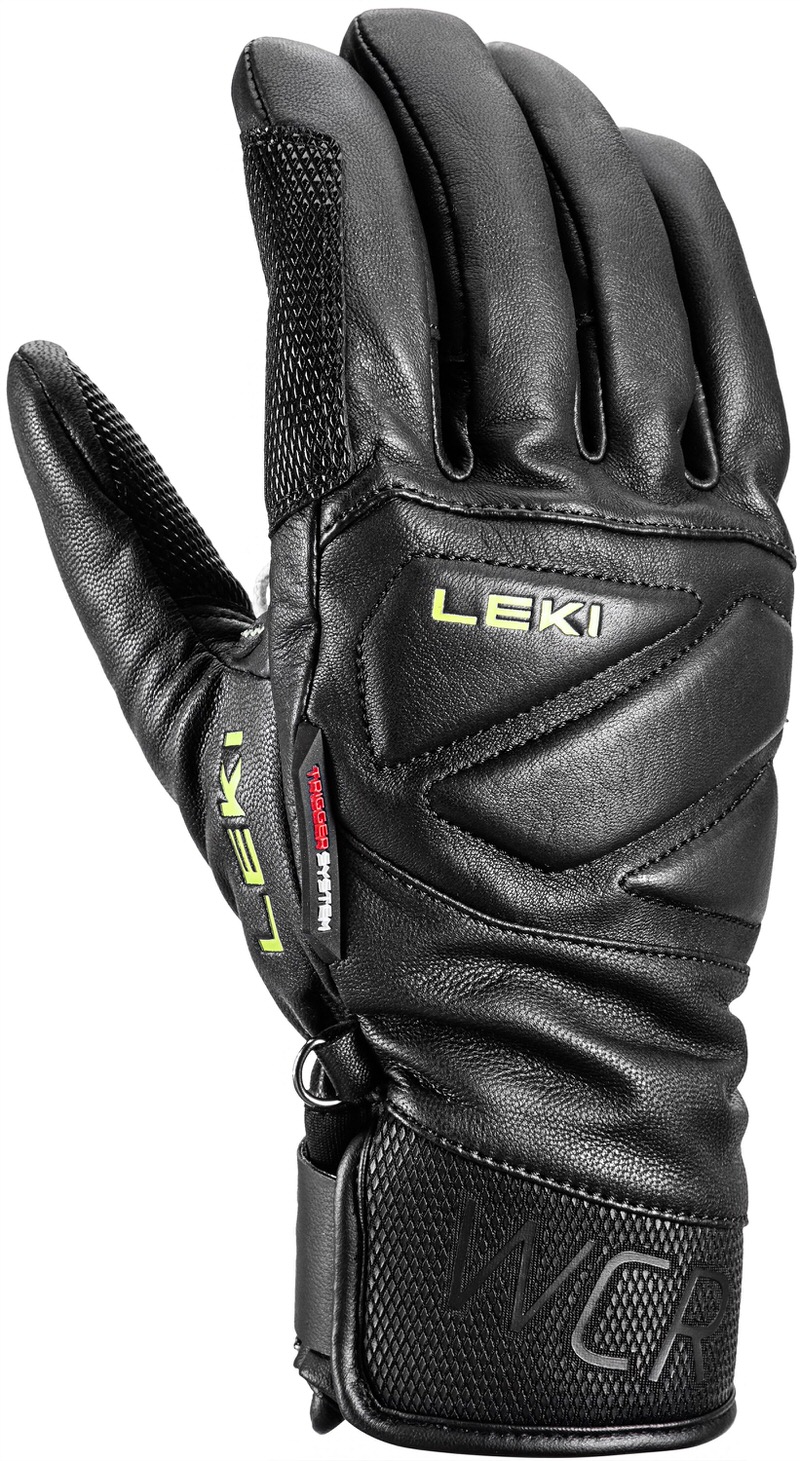 Schwarzer Leki Venom Speed 3D Skihandschuh mit sichtbarem Logo. Leder, Mesh und Trigger System Details sind erkennbar.