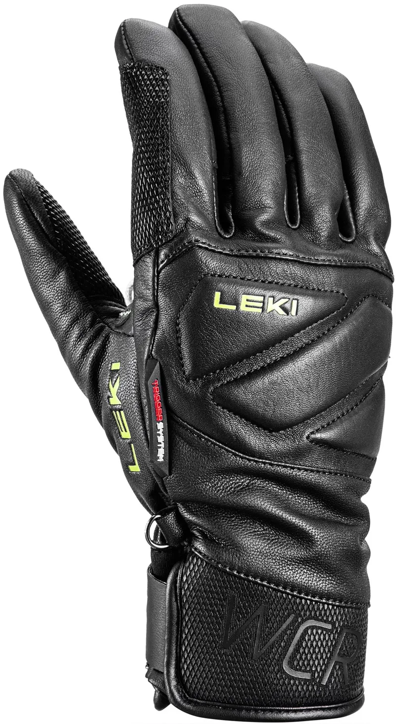Guanto da sci Leki Venom Speed 3D nero con logo visibile. I dettagli in pelle, rete e sistema trigger sono riconoscibili.