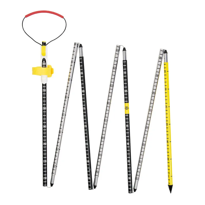 Folded, partially assembled Pieps Alu 300 Sport avalanche probe made of aluminum with red loop.