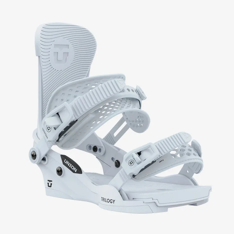 Close-up of a light blue Union Trilogy snowboard binding against a white background.