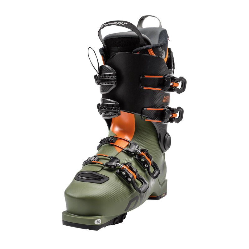 Dynafit Tigard Tourenskischuh Grün-orange Dynafit Tigard Alpine Tech Tourenskischuh mit schwarzen Akzenten, Frontansicht.