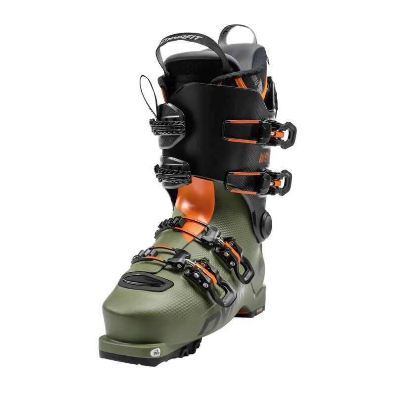 Vert et orange Dynafit Chaussure de ski de randonnée Tigard Alpine Tech avec accents noirs, vue de face.