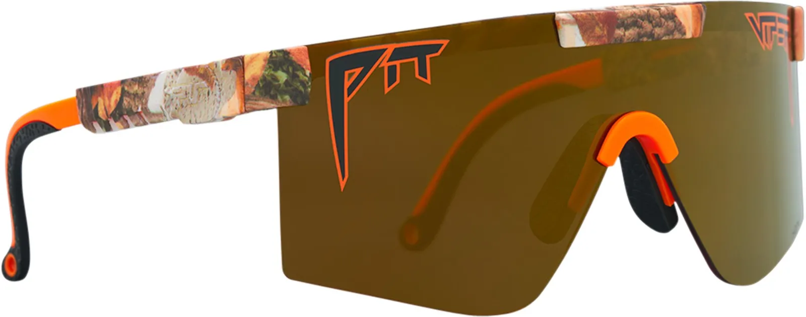 Gold-coloured, polarized Pit Viper sunglasses with camouflage pattern and orange accents.
