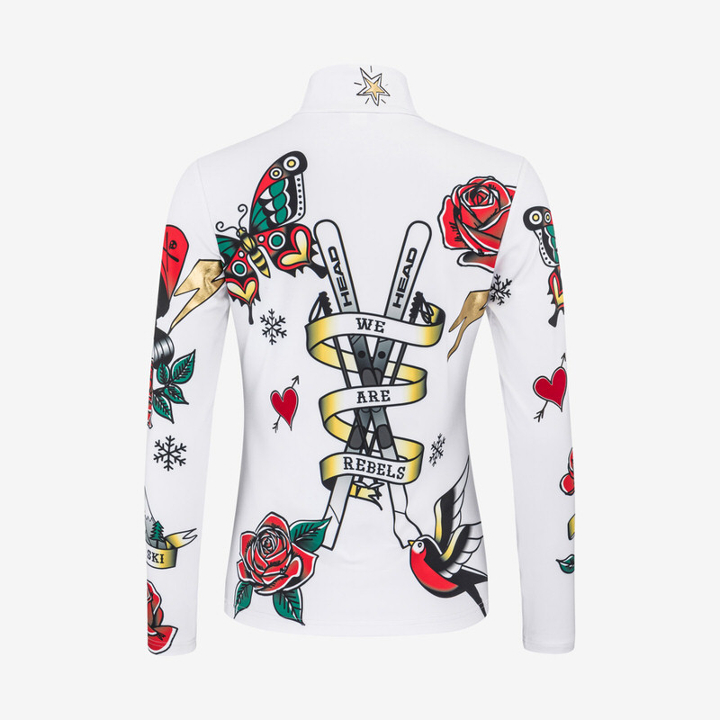 Weißes Rebels Flash Midlayer Shirt mit Tattoo-Motiven wie Skiern, Rose, Schmetterling und Schriftzug "WE ARE REBELS" auf der Rückseite.
