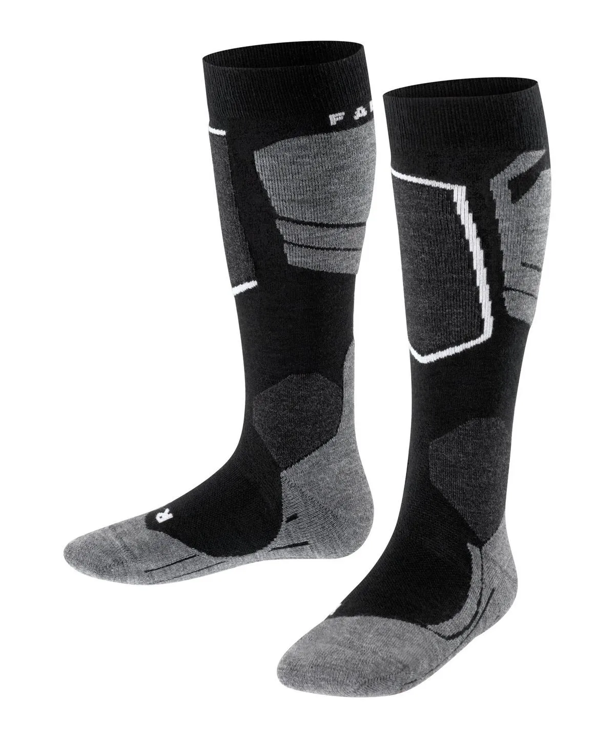 Calzini da sci neri al ginocchio con dettagli grigi su tallone, punta e suola, nonché rinforzi su tibia e polpaccio per garantire comfort e protezione. Con dettagli bianchi e logo Falke sul bordo. Calzino sinistro con la lettera «R».