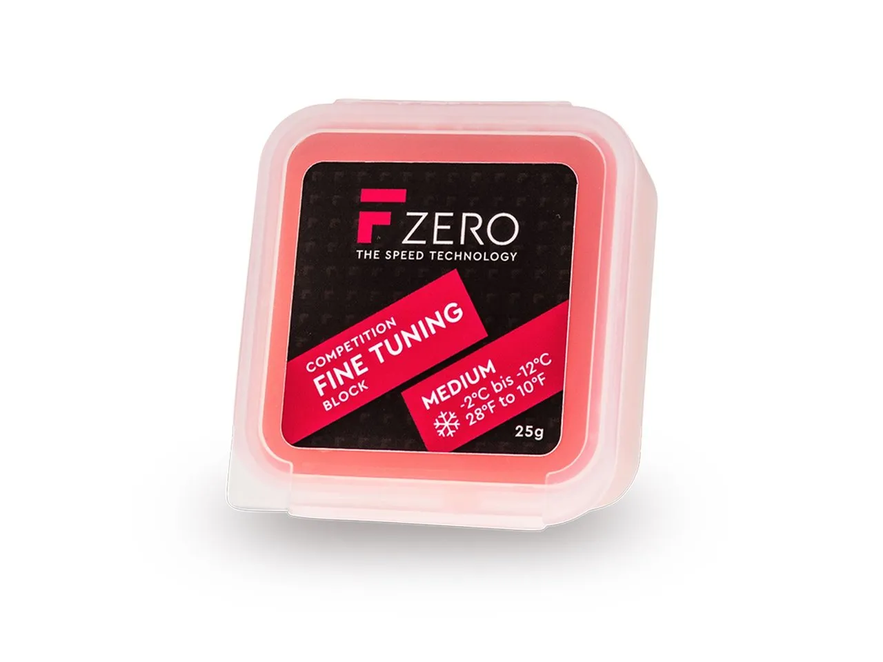 Square, transparent tin with red Fine Tuning Block for medium snow conditions.