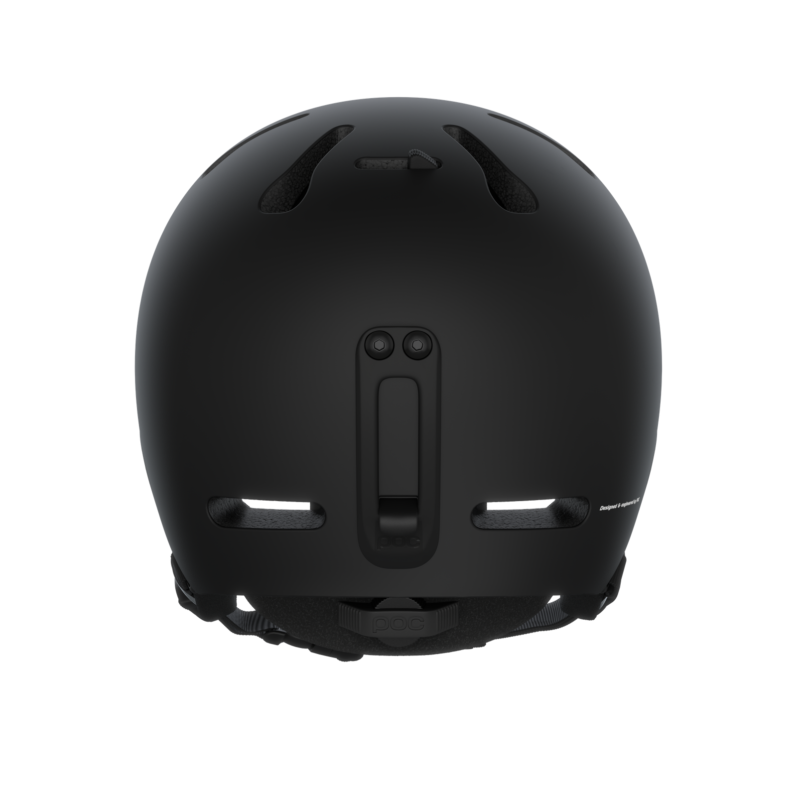 Mattschwarzer POC Skihelm Rückansicht des mattschwarzen POC Fornix Skihelms mit Belüftungsöffnungen und Brillenclip.