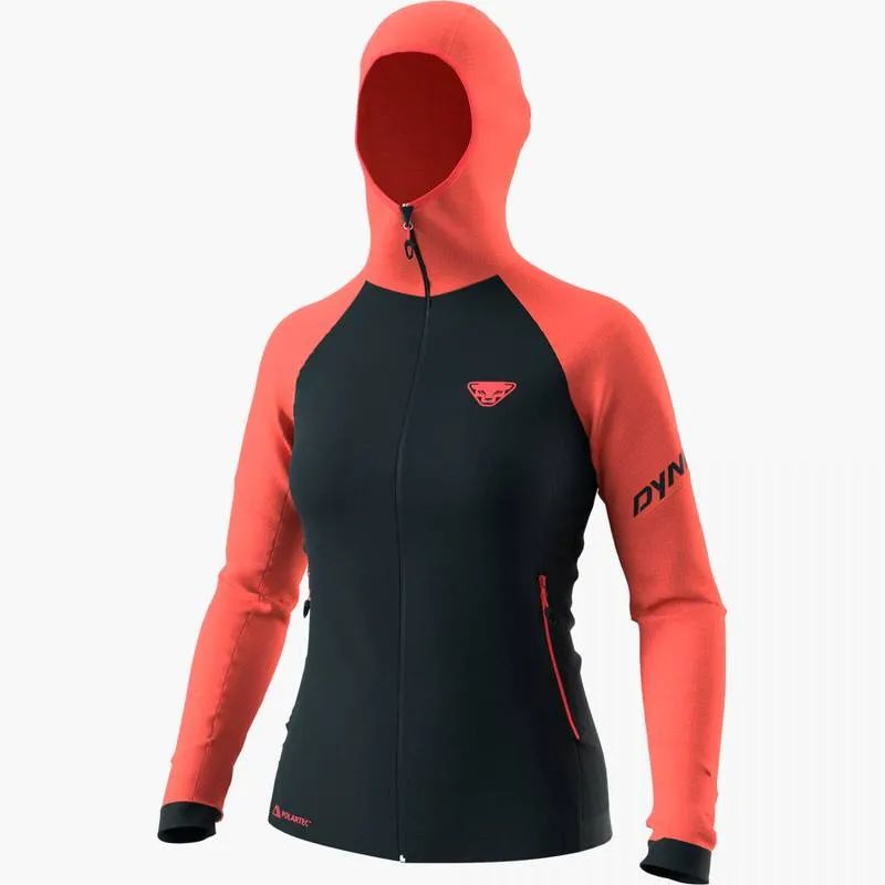 Veste à capuche pour femmes, Hot Coral/noir, manches longues, fermeture éclair, capuche, Dynafit logo sur la poitrine, coupe sportive.