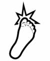 Symbole d'un pied dont la zone des orteils est frappée par une étoile à pointe pour représenter la douleur.
