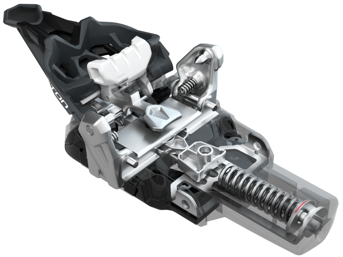 Detailansicht der Fritschi Tecton 13 Skibindung, zeigt interne Mechanik mit Federn und Metallteilen.
