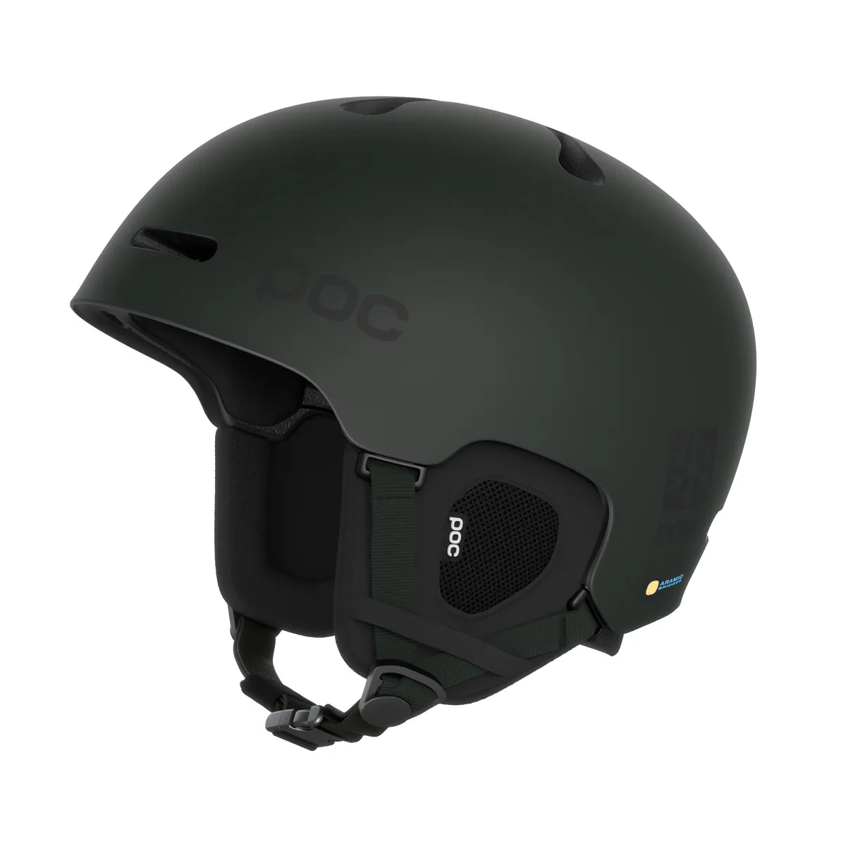 Casco da sci Poc Fornix Mips POW JJ verde scuro, vista laterale con fori di ventilazione e mentoniera.