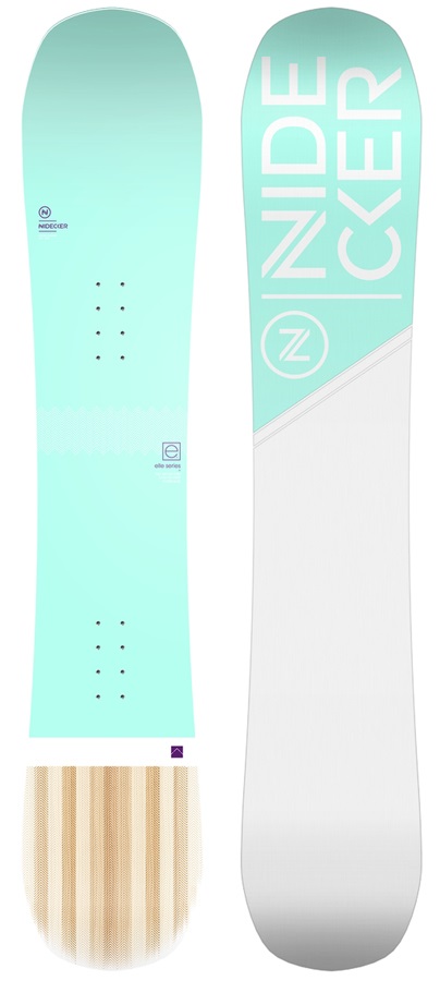 Snowboard Nidecker Elle 2019, face supérieure turquoise clair avec trous de perçage, face inférieure décor bois et blanc, inscription Nidecker.