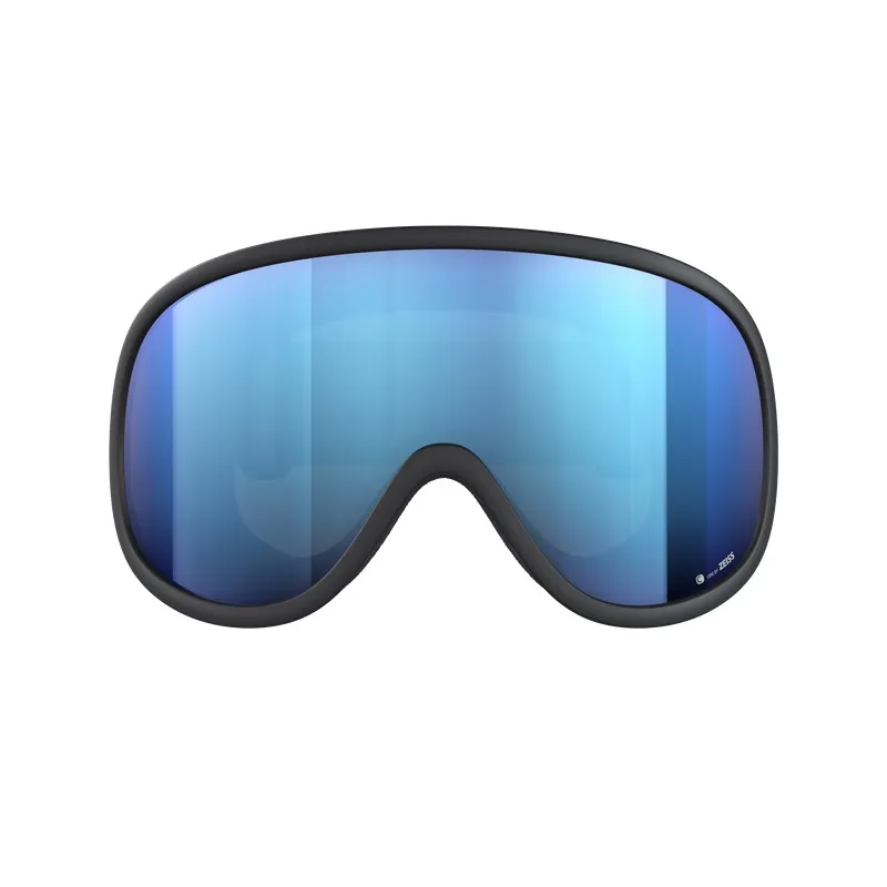 Dark gray ski goggles with a large, blue, mirrored lens.